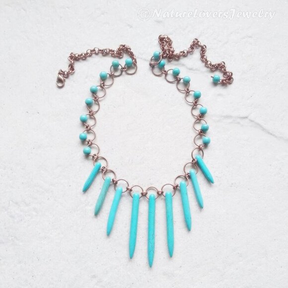 Spiky Necklace & Earring Set! Turquoise Howlite & Copper! Boho & Southwest Flair - Picture 1 of 13